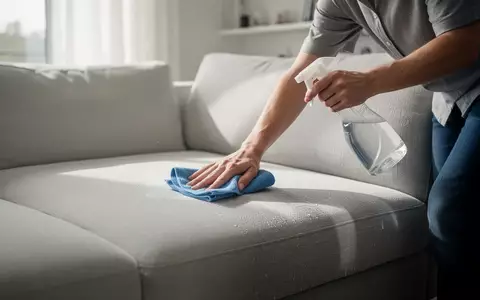 Eine Person reinigt ein Polstersofa mit einem Mikrofasertuch in einem hellen, modern eingerichteten Wohnzimmer. - Foto: über boerse-global.de