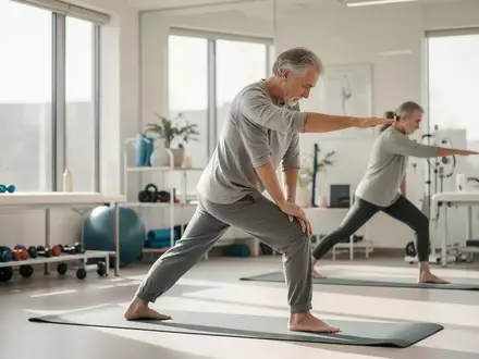 Person bei gezielten Dehnübungen in einem hellen, modernen Physiotherapie-Studio zur Linderung von Rückenschmerzen. - Foto: über boerse-global.de