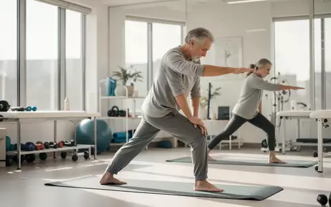 Person bei gezielten DehnĂĽbungen in einem hellen, modernen Physiotherapie-Studio zur Linderung von RĂĽckenschmerzen. - Foto: ĂĽber boerse-global.de
