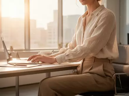 Eine Person in professioneller, sommerlicher Business-Kleidung arbeitet an einem hellen, sonnendurchfluteten Büroarbeitsplatz. - Foto: über boerse-global.de