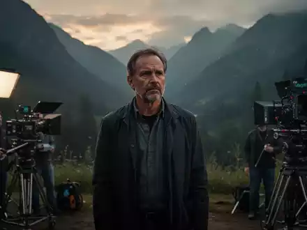 Ein Filmregisseur bei der Arbeit an einem stimmungsvollen Filmset vor einer Bergkulisse bei DĂ€mmerung. - Foto: ĂŒber boerse-global.de