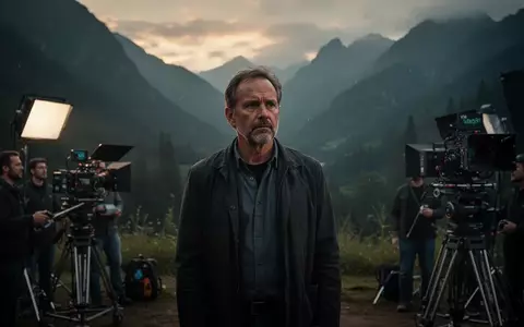 Ein Filmregisseur bei der Arbeit an einem stimmungsvollen Filmset vor einer Bergkulisse bei Dämmerung. - Foto: über boerse-global.de