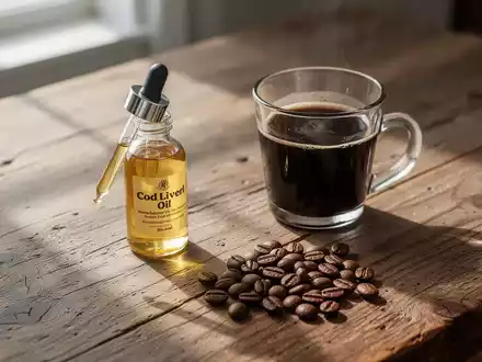 Eine Flasche Lebertran und eine Tasse schwarzer Kaffee auf einem Holztisch bei natürlichem Tageslicht. - Foto: über boerse-global.de