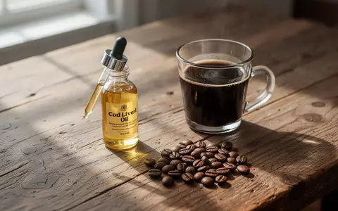Eine Flasche Lebertran und eine Tasse schwarzer Kaffee auf einem Holztisch bei natürlichem Tageslicht. - Foto: über boerse-global.de