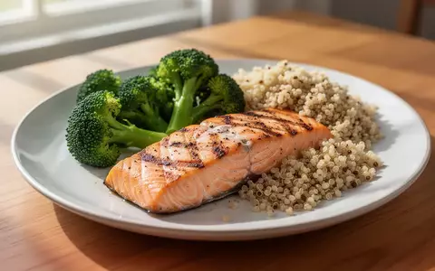 Eine ausgewogene Mahlzeit mit gegrilltem Lachs, Brokkoli und Quinoa auf einem Holztisch bei natürlichem Licht. - Foto: über boerse-global.de
