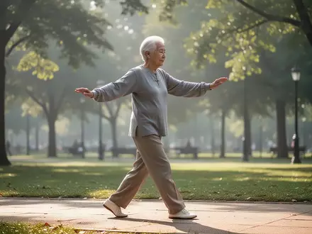 Eine ältere Person praktiziert achtsames Tai Chi Gehen in einem sonnigen Park zur Förderung von Balance und Mobilität. - Foto: über boerse-global.de