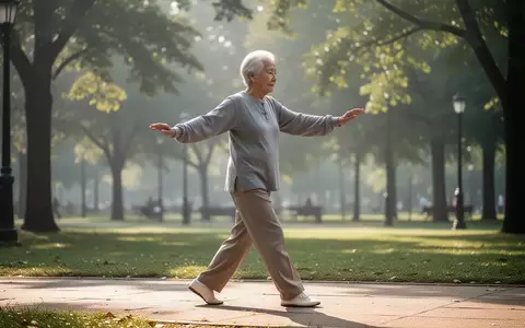 Eine ältere Person praktiziert achtsames Tai Chi Gehen in einem sonnigen Park zur Förderung von Balance und Mobilität. - Foto: über boerse-global.de