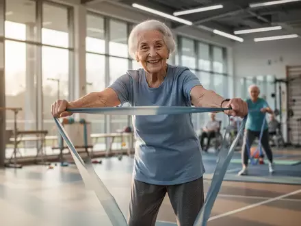Eine lebensfrohe, hochbetagte Frau beim moderaten Gesundheitssport in einem hellen, modernen Sportraum. - Foto: über boerse-global.de