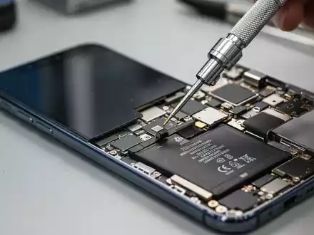 Ein Techniker arbeitet an der internen Elektronik eines geöffneten Smartphones mit einem präzisen elektrischen Werkzeug. - Foto: über boerse-global.de