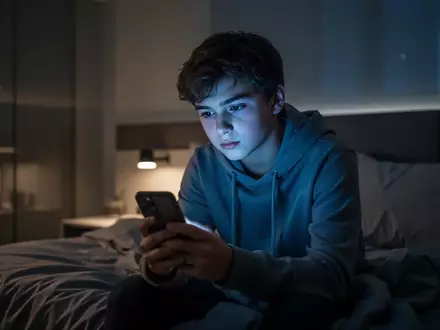 Ein nachdenklicher Jugendlicher sitzt in einem abgedunkelten Zimmer und blickt auf das leuchtende Display eines Smartphones. - Foto: über boerse-global.de