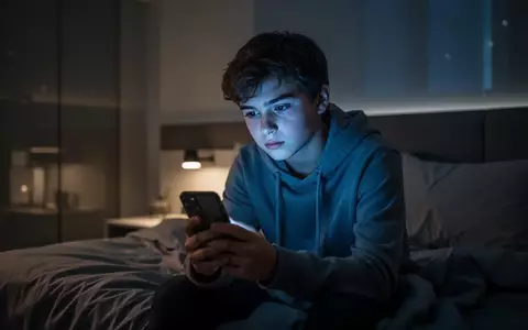 Ein nachdenklicher Jugendlicher sitzt in einem abgedunkelten Zimmer und blickt auf das leuchtende Display eines Smartphones. - Foto: über boerse-global.de