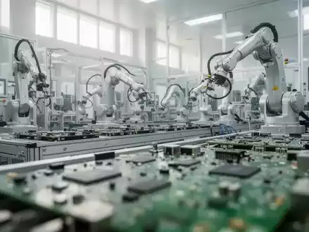 Moderne Fertigungsanlage für Elektronik mit Roboterarmen und Leiterplatten in einer indischen Produktionsstätte. - Foto: über boerse-global.de