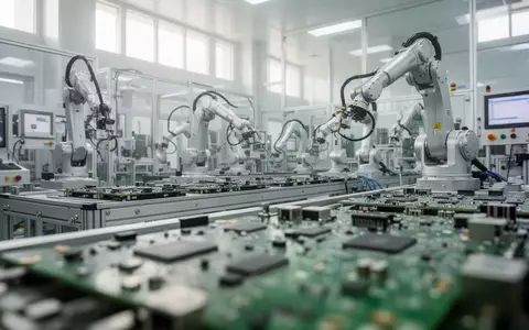 Moderne Fertigungsanlage für Elektronik mit Roboterarmen und Leiterplatten in einer indischen Produktionsstätte. - Foto: über boerse-global.de