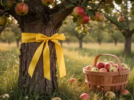 Ein gelbes Band an einem alten Apfelbaum auf einer Streuobstwiese signalisiert die Freigabe zur Ernte. - Foto: über boerse-global.de