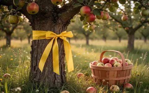 Ein gelbes Band an einem alten Apfelbaum auf einer Streuobstwiese signalisiert die Freigabe zur Ernte. - Foto: über boerse-global.de