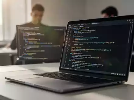 Ein moderner Laptop-Bildschirm zeigt komplexen Programmcode in einer hellen Büroumgebung. - Foto: über boerse-global.de