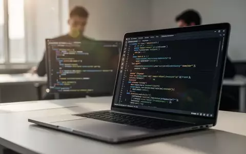 Ein moderner Laptop-Bildschirm zeigt komplexen Programmcode in einer hellen Büroumgebung. - Foto: über boerse-global.de