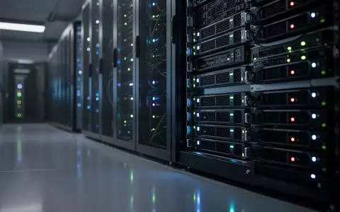 Nahaufnahme von Server-Hardware in einem modernen Rechenzentrum mit leuchtenden LED-Statusanzeigen in gedimmter Umgebung. - Foto: über boerse-global.de