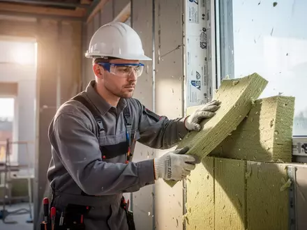 Ein Handwerker bei der professionellen Installation von Dämmmaterialien auf einer Baustelle für nachhaltiges Bauen. - Foto: über boerse-global.de