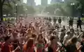 Polizisten patrouillieren am Rande einer großen Musikparade in einem Berliner Park bei sommerlichem Wetter. - Foto: über boerse-global.de