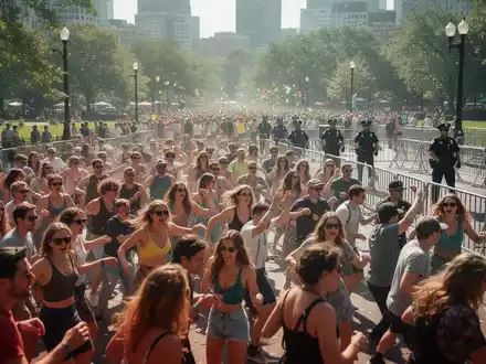 Polizisten patrouillieren am Rande einer großen Musikparade in einem Berliner Park bei sommerlichem Wetter. - Foto: über boerse-global.de