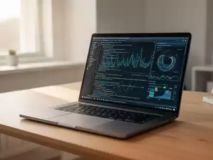 Ein moderner Laptop auf einem Schreibtisch mit sichtbarem Programmiercode auf dem Bildschirm in einem hellen Büro. - Foto: über boerse-global.de