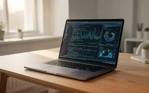 Ein moderner Laptop auf einem Schreibtisch mit sichtbarem Programmiercode auf dem Bildschirm in einem hellen Büro. - Foto: über boerse-global.de