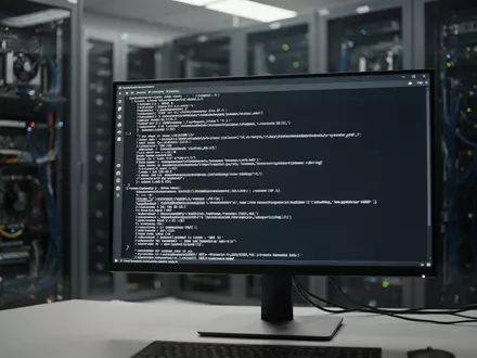 Ein professioneller Computerarbeitsplatz in einem Serverraum mit einer abstrakten Anzeige von Systemdiagnose-Code. - Foto: über boerse-global.de