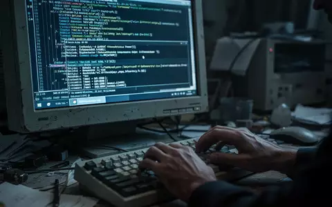 Ein dunkler Arbeitsplatz mit einem Computermonitor, auf dem Codezeilen zu sehen sind, während eine Person auf einer Tastatur tippt. - Foto: über boerse-global.de