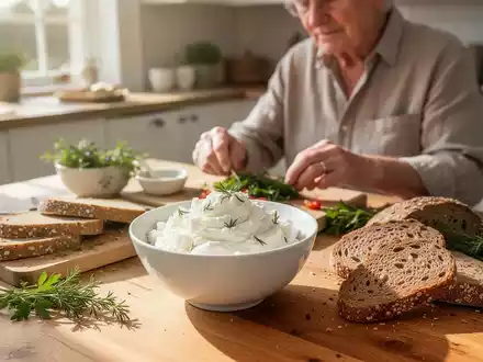 Eine ältere Person bereitet eine gesunde Mahlzeit mit Ricotta an einem hellen Holztisch zu. - Foto: über boerse-global.de