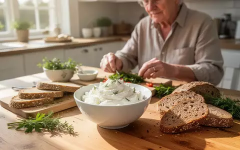 Eine ältere Person bereitet eine gesunde Mahlzeit mit Ricotta an einem hellen Holztisch zu. - Foto: über boerse-global.de