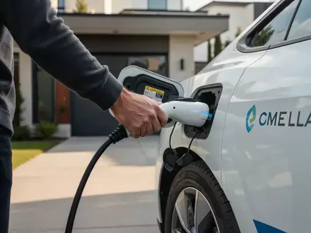 Person beim Aufladen eines Elektro-Dienstwagens an einer Wallbox im privaten Bereich. - Foto: über boerse-global.de