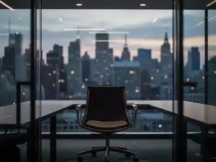 Ein leerer Bürostuhl in einem modernen Konferenzraum vor einer verschwommenen Skyline bei Dämmerung. - Foto: über boerse-global.de