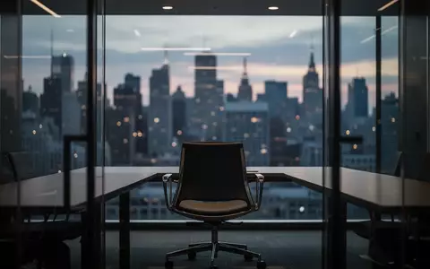 Ein leerer Bürostuhl in einem modernen Konferenzraum vor einer verschwommenen Skyline bei Dämmerung. - Foto: über boerse-global.de