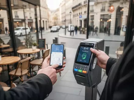 Eine Person nutzt ein Smartphone für eine kontaktlose Zahlung an einem Terminal in einem Café. - Foto: über boerse-global.de