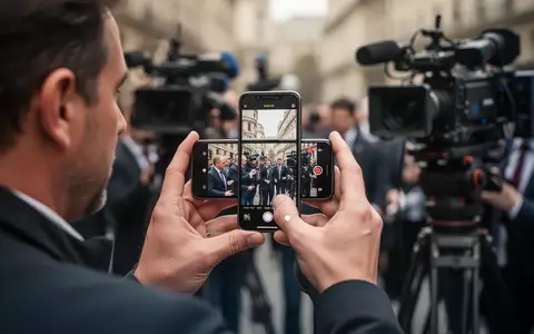Ein Fotojournalist hält ein Smartphone in der Hand, um eine Szene aufzunehmen, während er professionelle Kameraausrüstung trägt. - Foto: über boerse-global.de