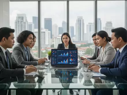 Ein Team von Datenanalysten arbeitet in einem modernen Bürogebäude mit Blick auf die Skyline von Manila an einer KI-Lösung. - Foto: über boerse-global.de