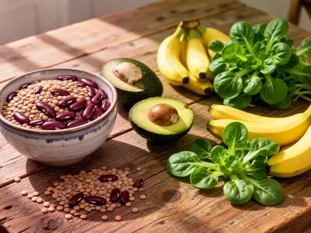 Eine Auswahl an frischen, kaliumreichen Lebensmitteln wie Bohnen, Avocado, Bananen und Feldsalat auf einem Holztisch. - Foto: über boerse-global.de