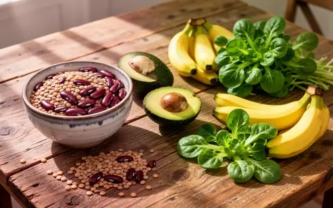 Eine Auswahl an frischen, kaliumreichen Lebensmitteln wie Bohnen, Avocado, Bananen und Feldsalat auf einem Holztisch. - Foto: über boerse-global.de