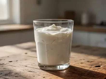 Ein Glas Kefir auf einem rustikalen Holztisch bei natürlichem Tageslicht. - Foto: über boerse-global.de