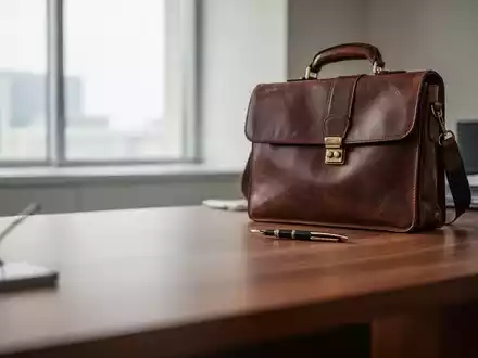 Ein minimalistischer Büroschreibtisch mit einer Aktentasche und einem Füllfederhalter bei natürlichem Tageslicht. - Foto: über boerse-global.de