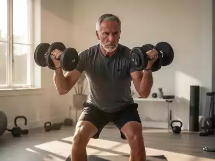 Ein Mann mittleren Alters trainiert konzentriert mit Hanteln in einem hellen, minimalistischen Fitnessraum. - Foto: über boerse-global.de