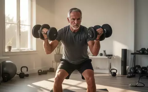 Ein Mann mittleren Alters trainiert konzentriert mit Hanteln in einem hellen, minimalistischen Fitnessraum. - Foto: über boerse-global.de