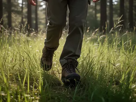 Nahaufnahme einer Person in Wanderschuhen, die durch hohes Gras in einem Waldgebiet läuft. - Foto: über boerse-global.de