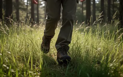 Nahaufnahme einer Person in Wanderschuhen, die durch hohes Gras in einem Waldgebiet läuft. - Foto: über boerse-global.de