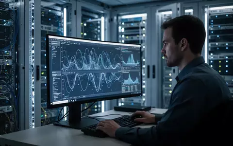 IT-Administrator arbeitet an einer Workstation in einem modernen Serverraum mit blau beleuchteten Serverschränken. - Foto: über boerse-global.de