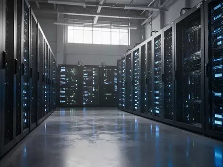 Reihen von Server-Racks in einem Rechenzentrum mit blau leuchtenden Status-LEDs in einer industriellen Umgebung. - Foto: über boerse-global.de