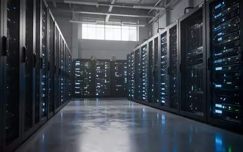 Reihen von Server-Racks in einem Rechenzentrum mit blau leuchtenden Status-LEDs in einer industriellen Umgebung. - Foto: über boerse-global.de