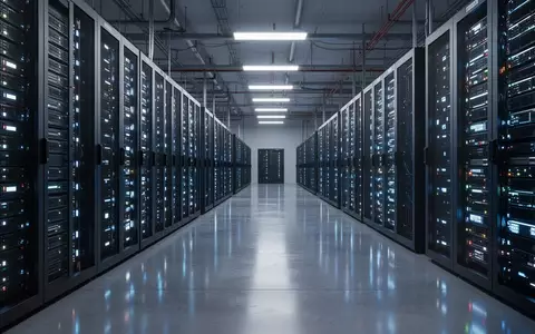 Modernes Rechenzentrum mit langen Reihen von Server-Racks und blauer Beleuchtung in einer Industriehalle. - Foto: über boerse-global.de