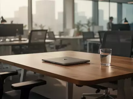Ein leerer, aufgeräumter Schreibtisch mit einem zugeklappten Laptop in einem ruhigen Büro bei natürlichem Licht. - Foto: über boerse-global.de